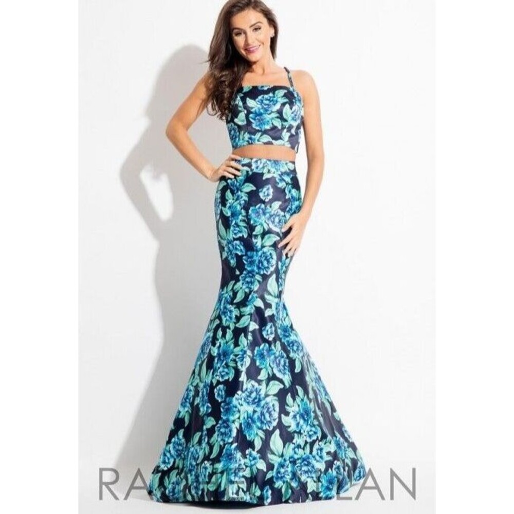 Rachel Allan 7587 Blue Floral 2 Piece Maxi Mermaid Gown Prom Formal Dress Size 4